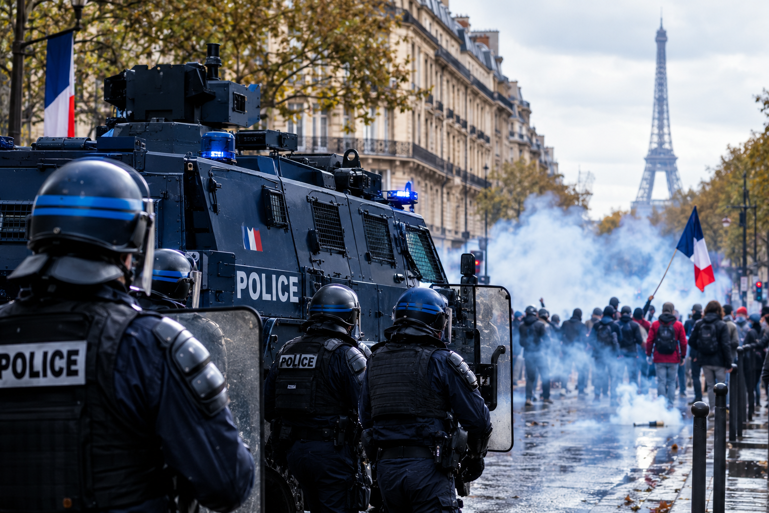 French police officers and an armored police vehicle face protesters during a tense demonstration in Paris, with tear gas and the Eiffel Tower in the background.